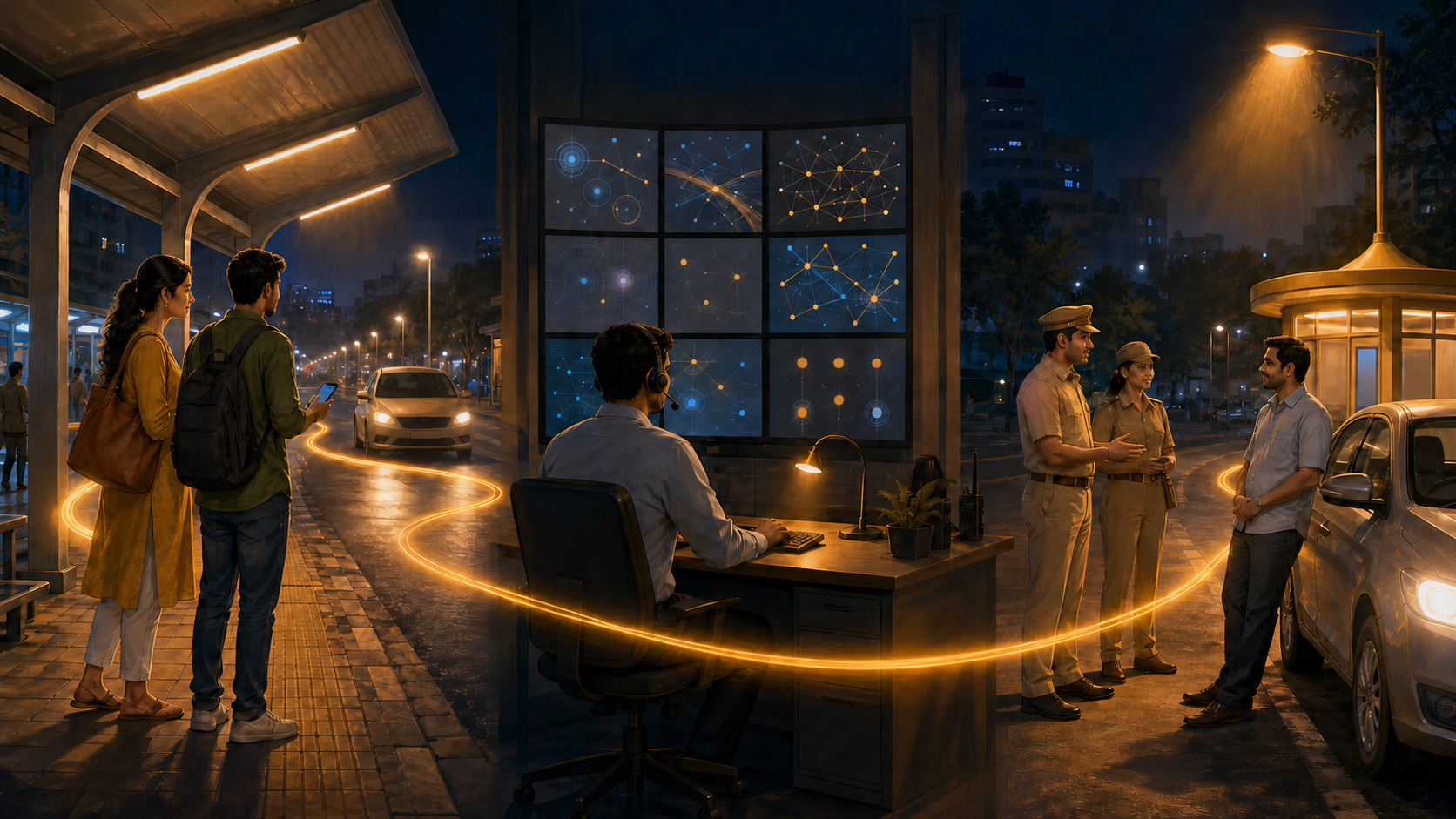 Passengers wait under a lit shelter, an operations worker monitors ride alerts, and police speak with a cab driver at a roadside help point.