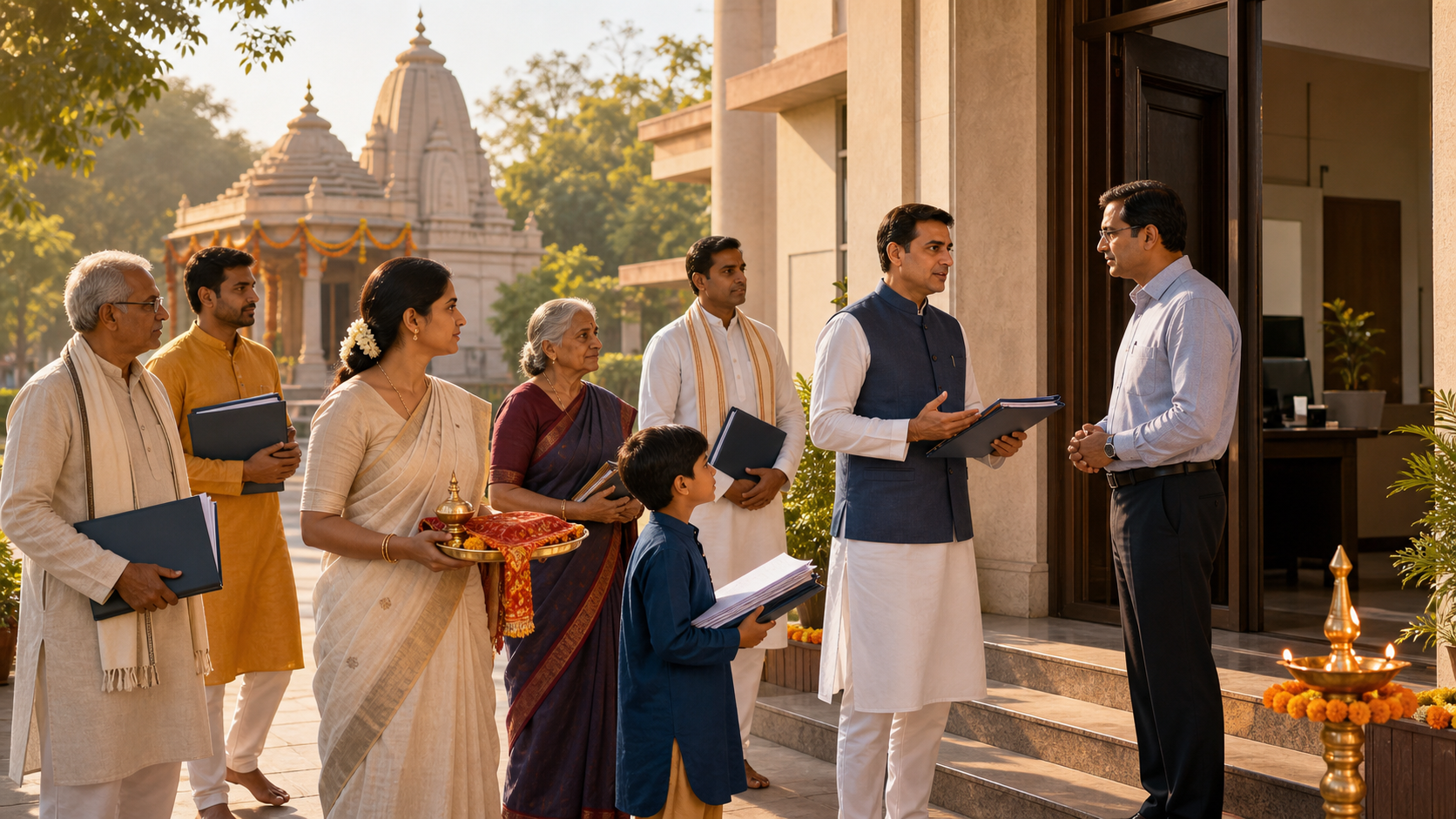 Hindu community members carrying organized folders and a covered puja tray approach a civic building while an official meets them outside.