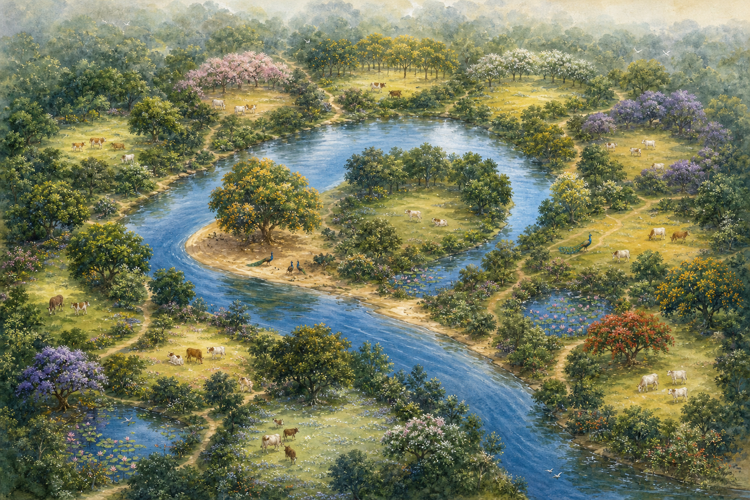Twelve varied woodland clearings appear connected by footpaths and vegetation around a bend of the Yamuna.