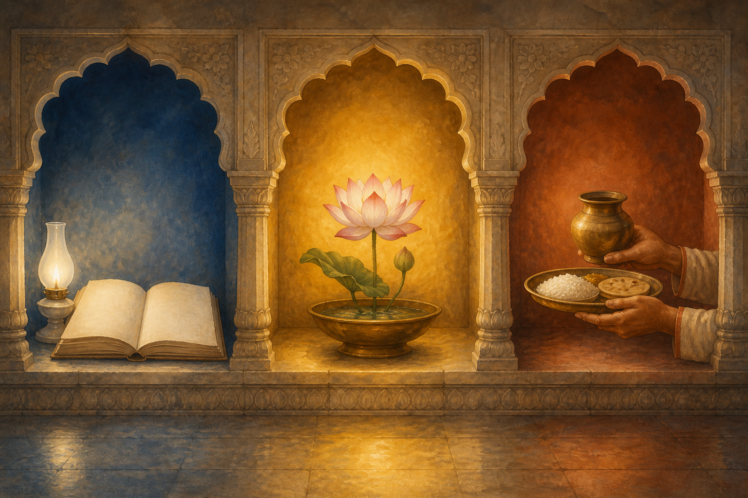 Three temple alcoves hold an open manuscript, a flowering lotus, and hands offering water and food, each illuminated by a different light.