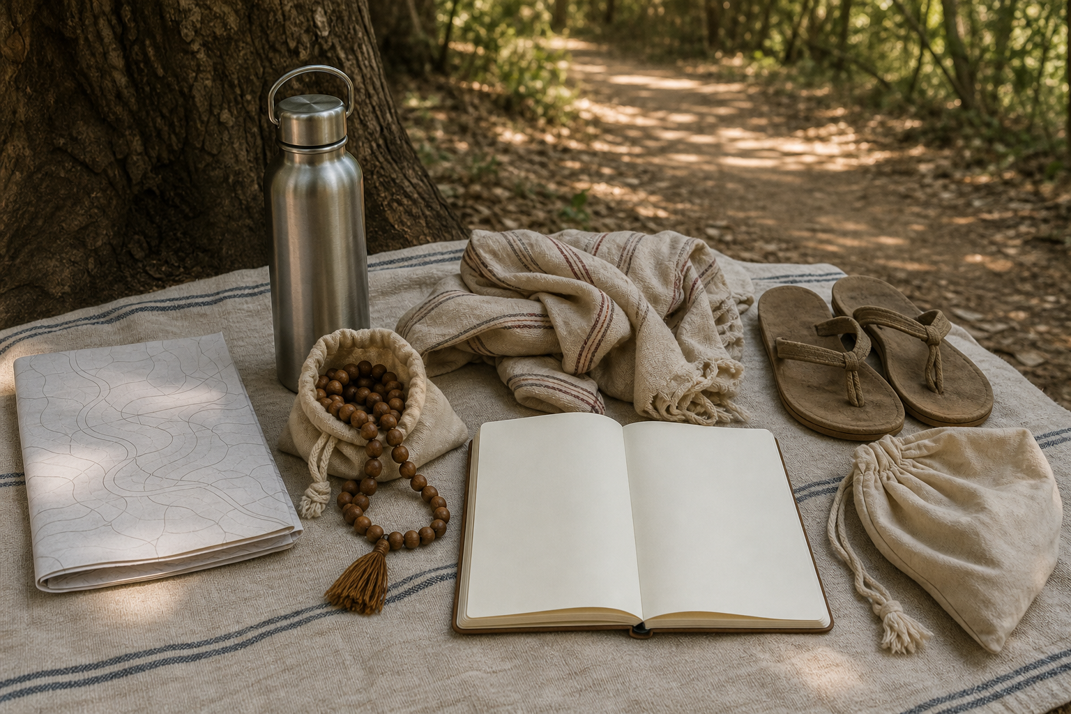 Prayer beads, a reusable water bottle, blank notebook, sandals and a litter bag rest on cloth beside a shaded forest path.
