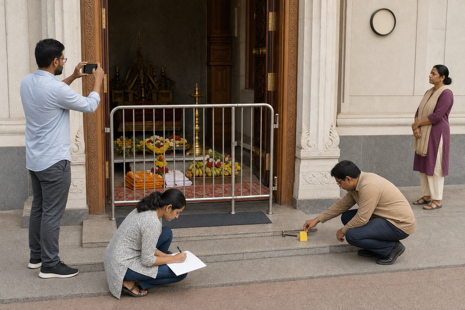 Volunteers document a barrier at a temple entrance while a prepared worship area with lamps, flowers, and offerings remains visible behind it.