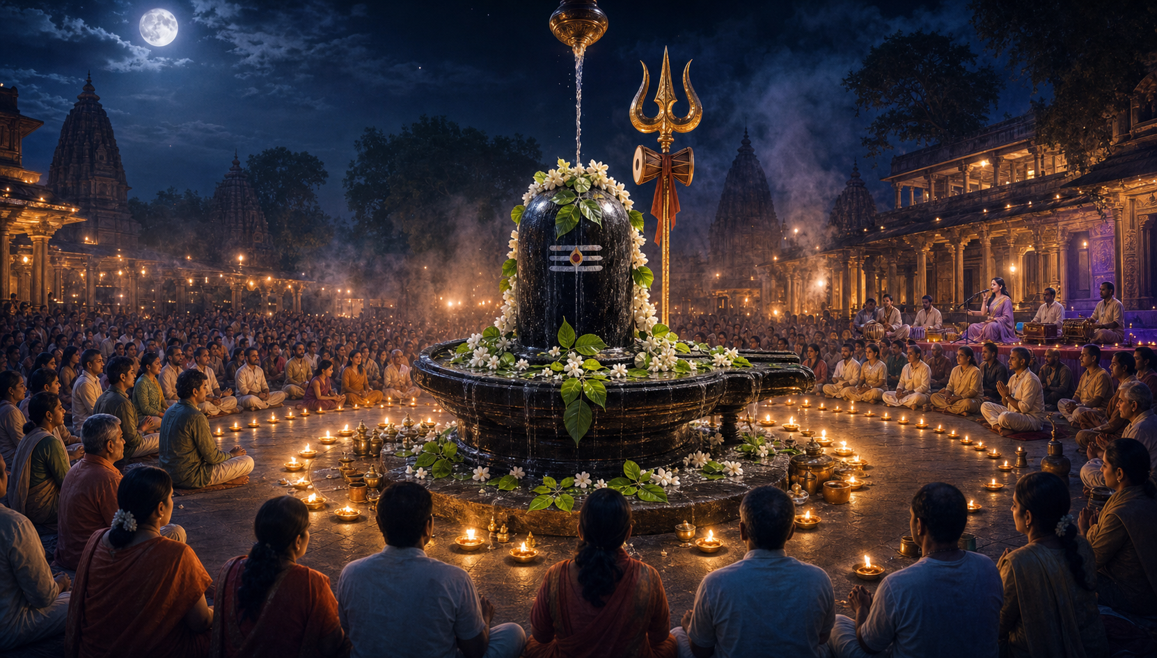 A Shiva lingam decorated with bilva leaves and flowers stands at the center of a moonlit Mahashivratri gathering, with devotees praying and a singer performing at the edge of the courtyard.