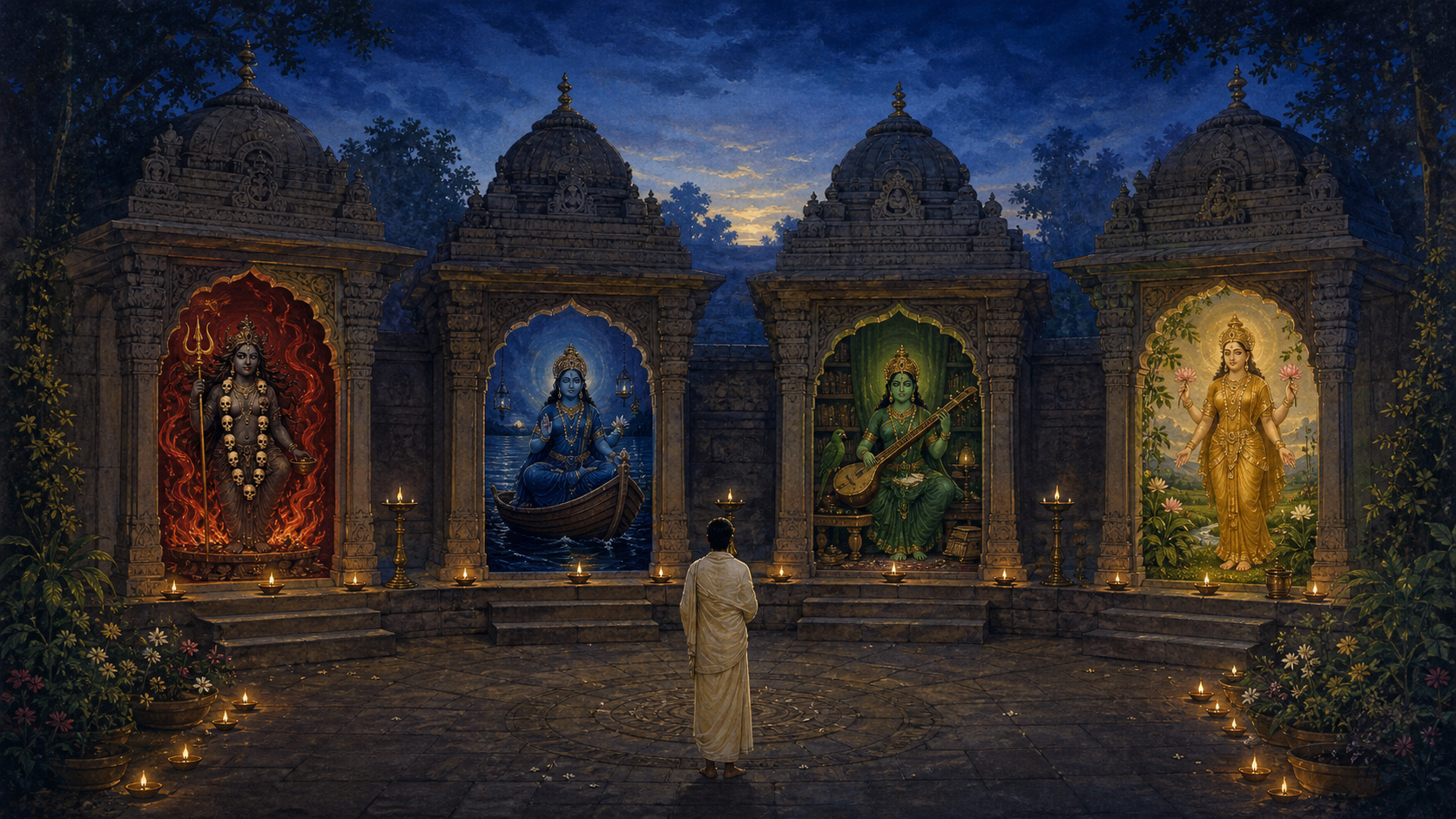 A devotee stands in a temple courtyard facing four separate illuminated sanctums representing Chamunda, Tara, Matangi, and Anagha through distinct figures, colors, and sacred attributes.