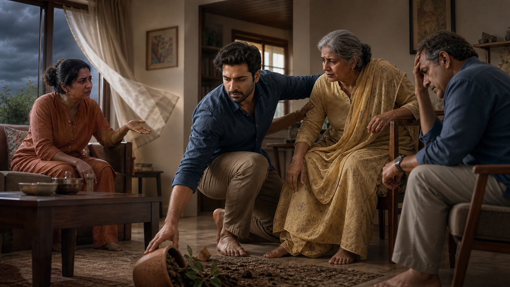 A calm adult supports an elderly relative and reaches toward a fallen object while other family members react tensely in a contemporary home.