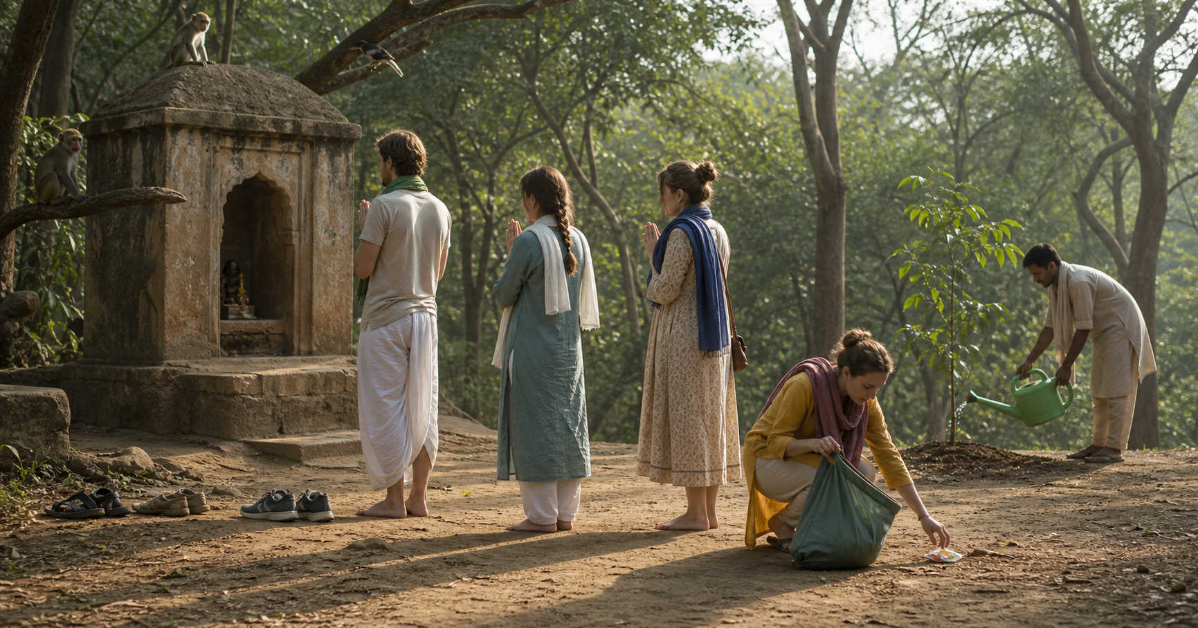 Pilgrims stand quietly near a small woodland shrine as one collects litter and a caretaker waters a young tree.
