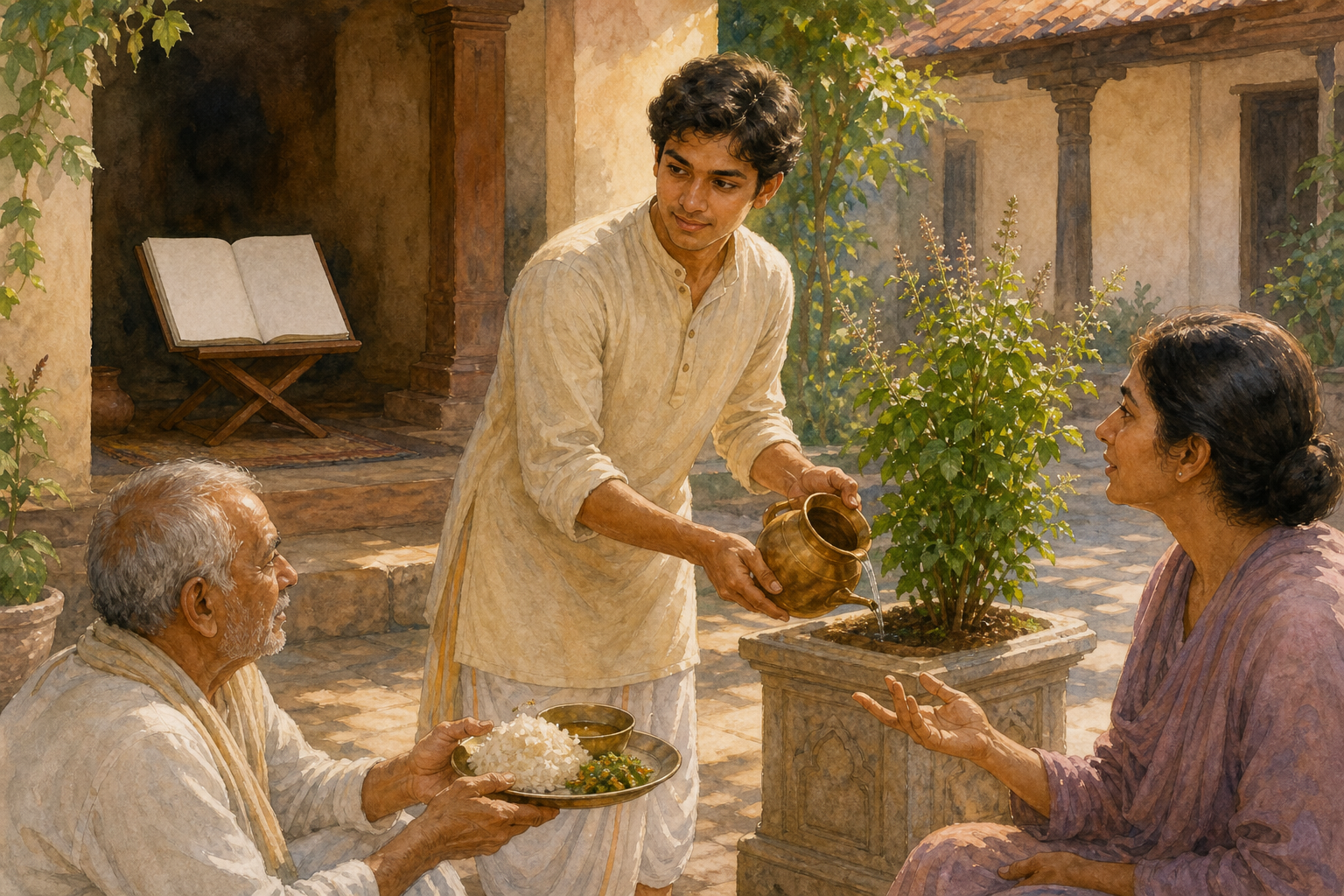 A devotee serves a meal, tends a tulasi plant, and listens to a companion while an open manuscript rests nearby in a courtyard.