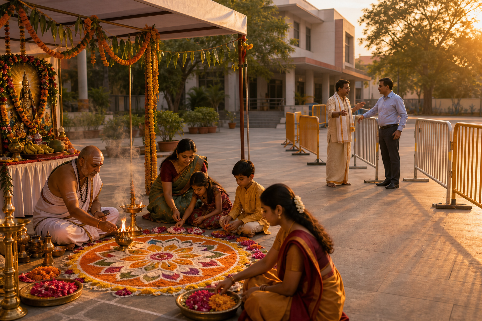 Families participate in an outdoor Hindu puja while a community liaison and public official discuss barriers beside the worship area.