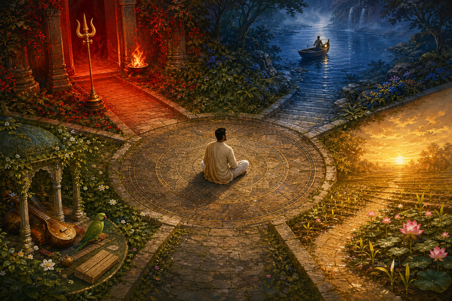 A seated seeker considers four separate paths leading toward symbols of protection, passage, wisdom, and renewal.