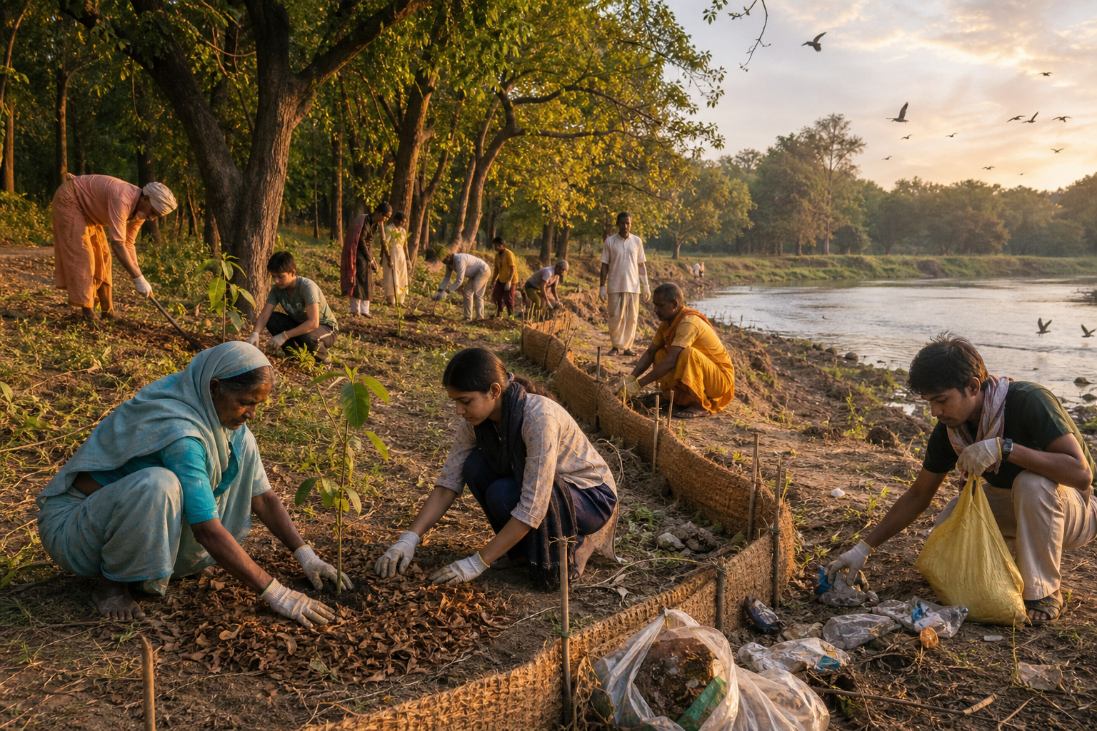 Residents, pilgrims and volunteers plant saplings, mulch soil and collect plastic waste beside a forested riverbank.