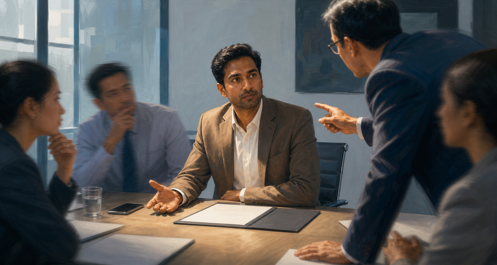 A professional pauses with a relaxed hand and attentive gaze while a colleague gestures sharply during an office meeting.