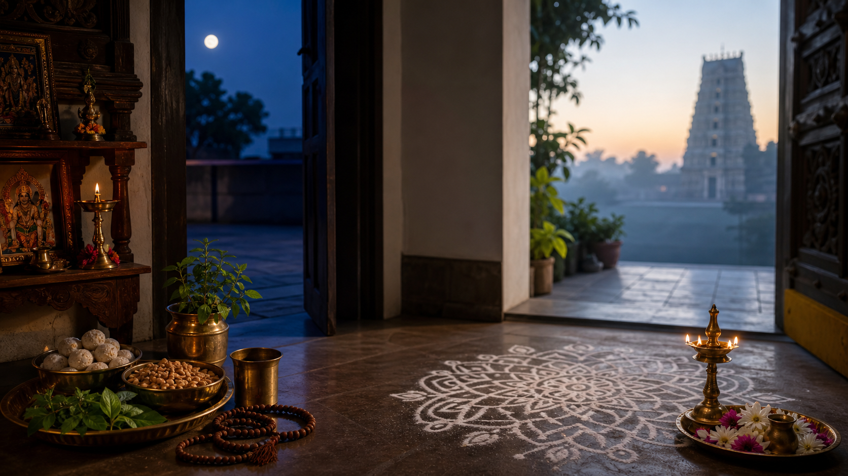 A moonlit home prayer setting with fasting provisions transitions into a pre-dawn threshold decorated with a kolam, flowers, and an oil lamp.