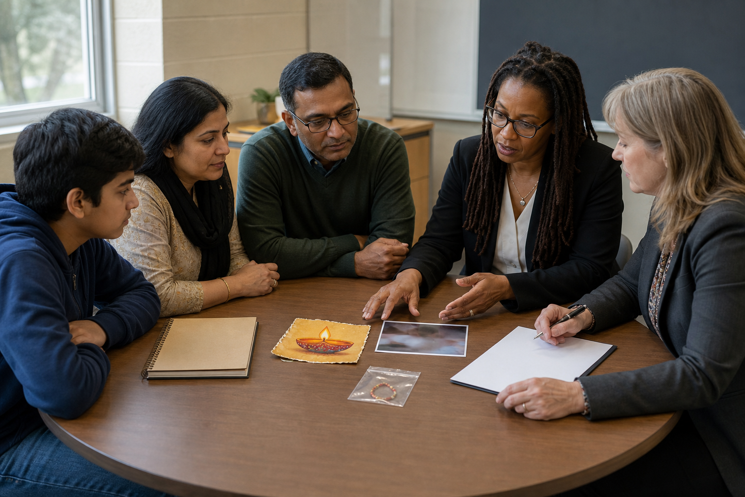 A Hindu student, family members, an advocate, and an administrator review a torn diya artwork and other incident evidence at a meeting table.