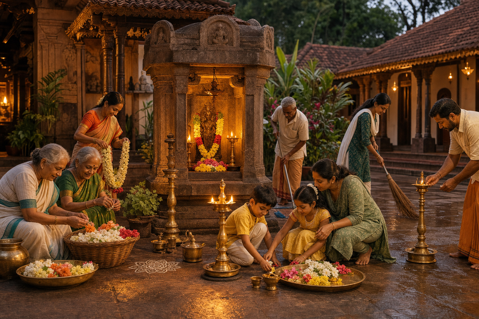 Adults, elders, and children prepare flowers, clean the courtyard, and arrange lamps while caring for a temple precinct together.
