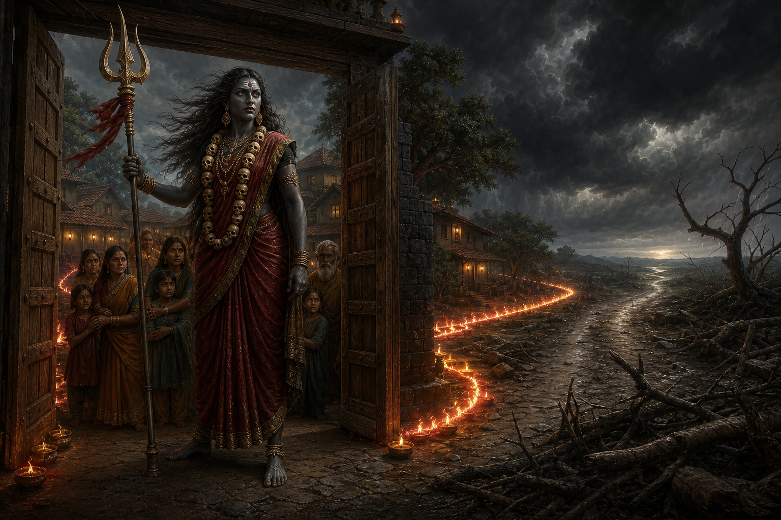 A fierce ash-gray maternal guardian with a trident holds a fiery boundary at a village gateway while people shelter behind her during a storm.