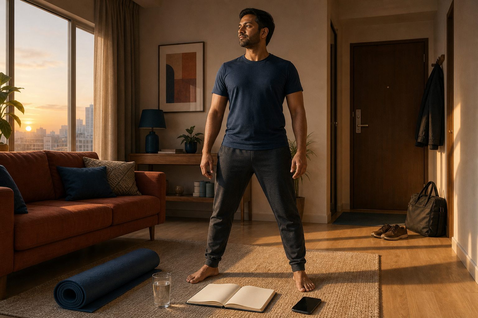 An adult practices a grounded morning exercise routine beside a rolled mat, blank notebook, work bag, and shoes in a sunlit apartment.