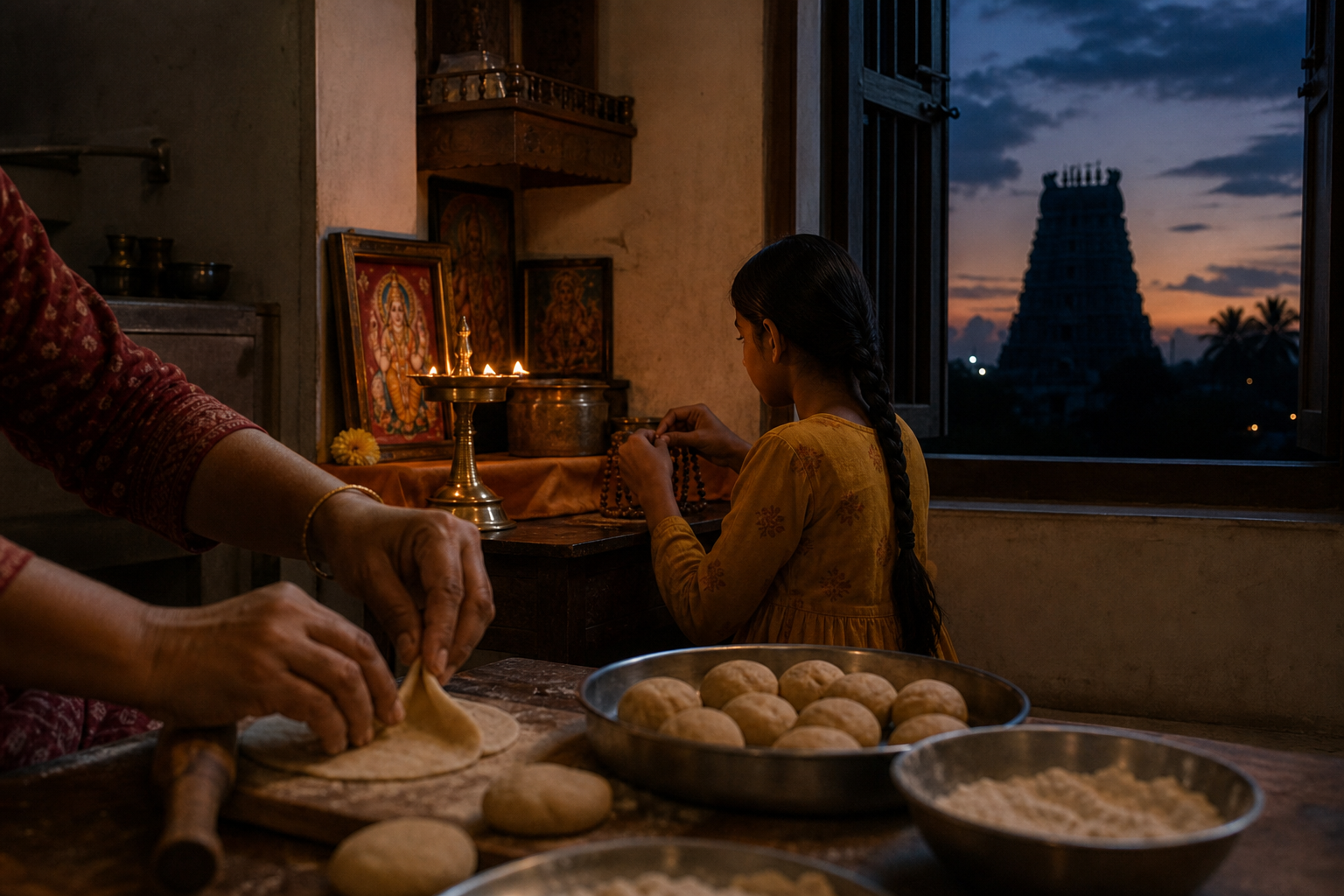 A family completes simple food preparation at dusk while a brass lamp and prayer beads rest near a home shrine and evening light fades beyond a temple tower.