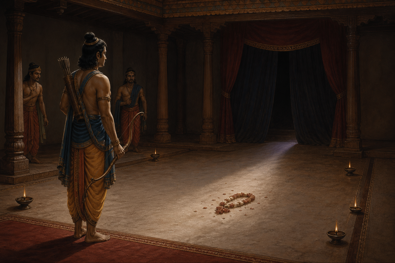Rama stands with a lowered bow beside an empty, lamp-lit stage while attendants look toward a dark curtained passage.