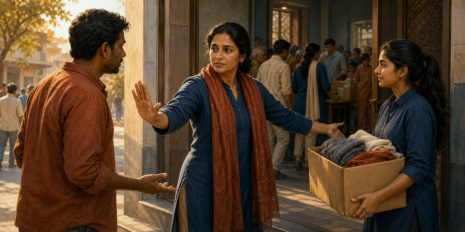 A composed adult steps between a confrontational person and a volunteer, raising an open hand to set a boundary while directing supplies into a community hall.