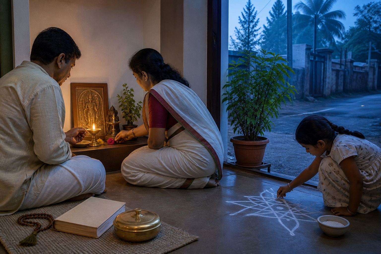 A family follows a simple pre-dawn worship routine with an oil lamp, flowers, prayer beads, and a rice-flour kolam at the doorway.