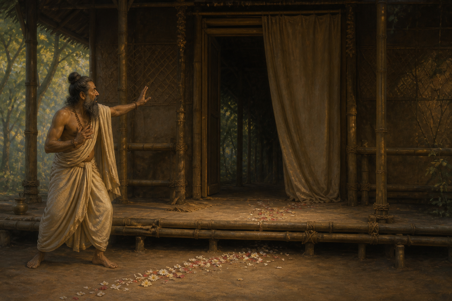 A forest ascetic gestures toward an empty curtained doorway as scattered flower petals suggest an unseen disturbance.