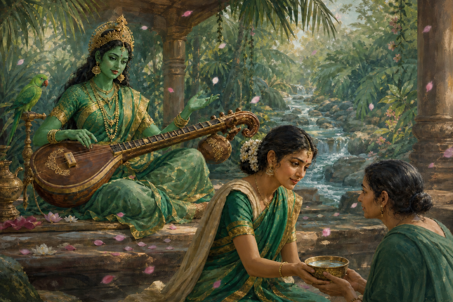 An emerald-green veena-playing goddess watches as one person stops arguing, listens, and offers water to another in a garden pavilion.