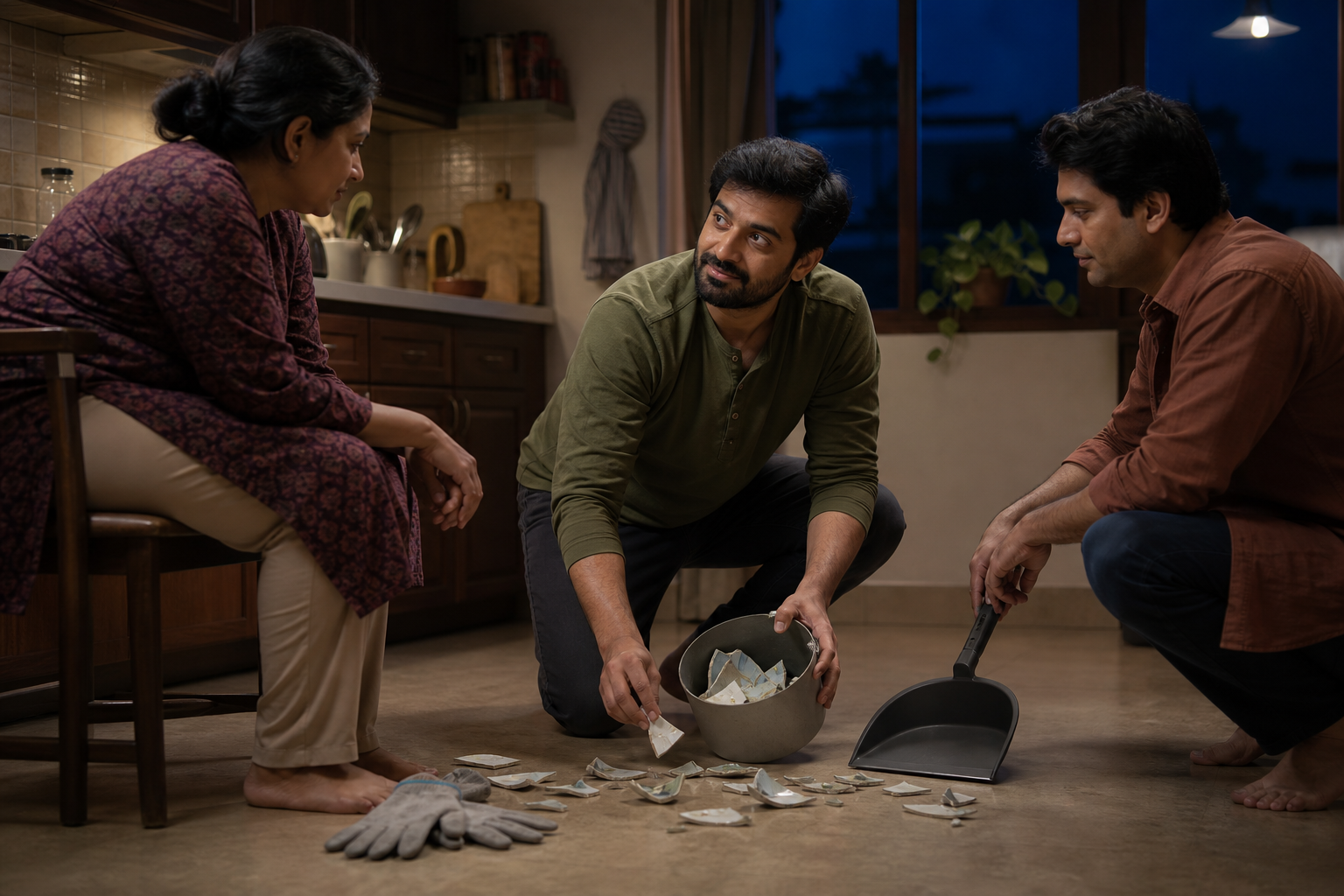 An adult gathers broken ceramic pieces safely while listening to a seated family member as another person holds a dustpan in an evening kitchen.