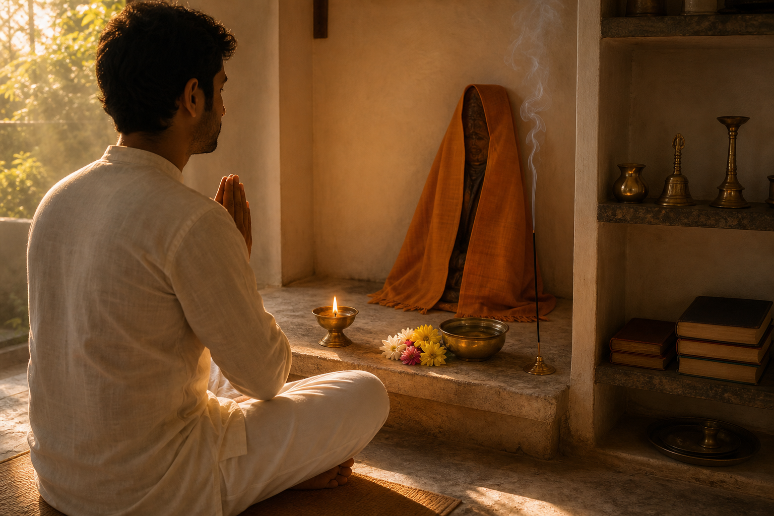 A devotee sits before a simple home shrine containing one oil lamp, water, flowers, incense, and a single draped sacred image.