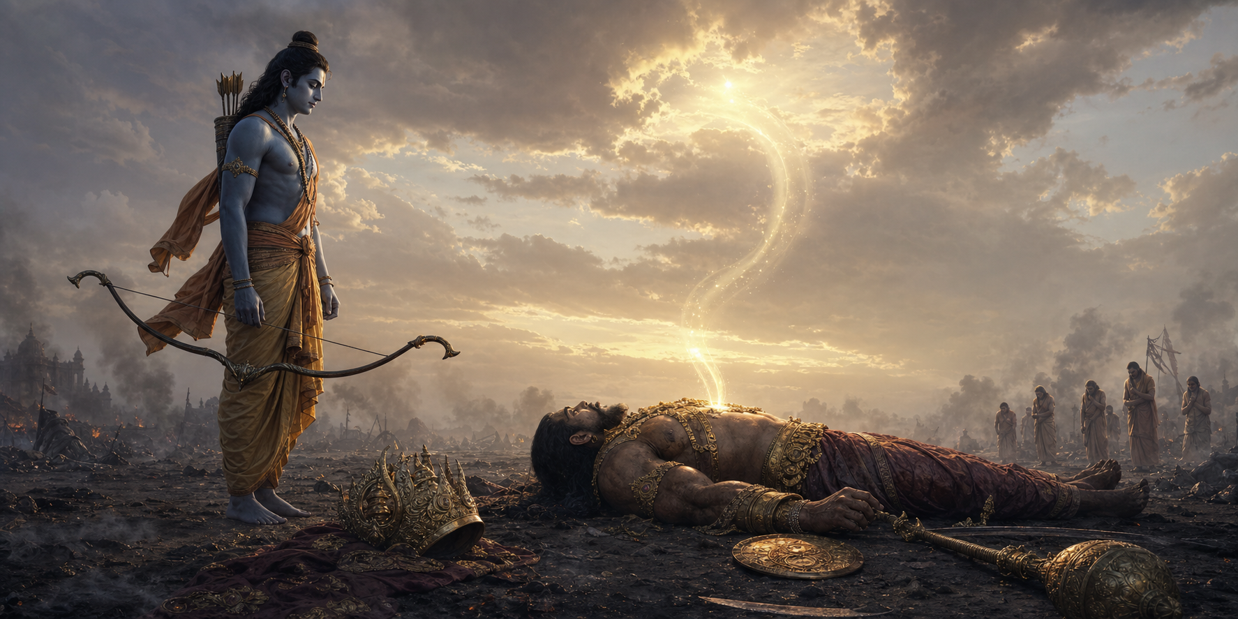 Rama lowers his bow beside the fallen Ravana as a soft radiance rises into the dawn sky over the damaged battlefield.