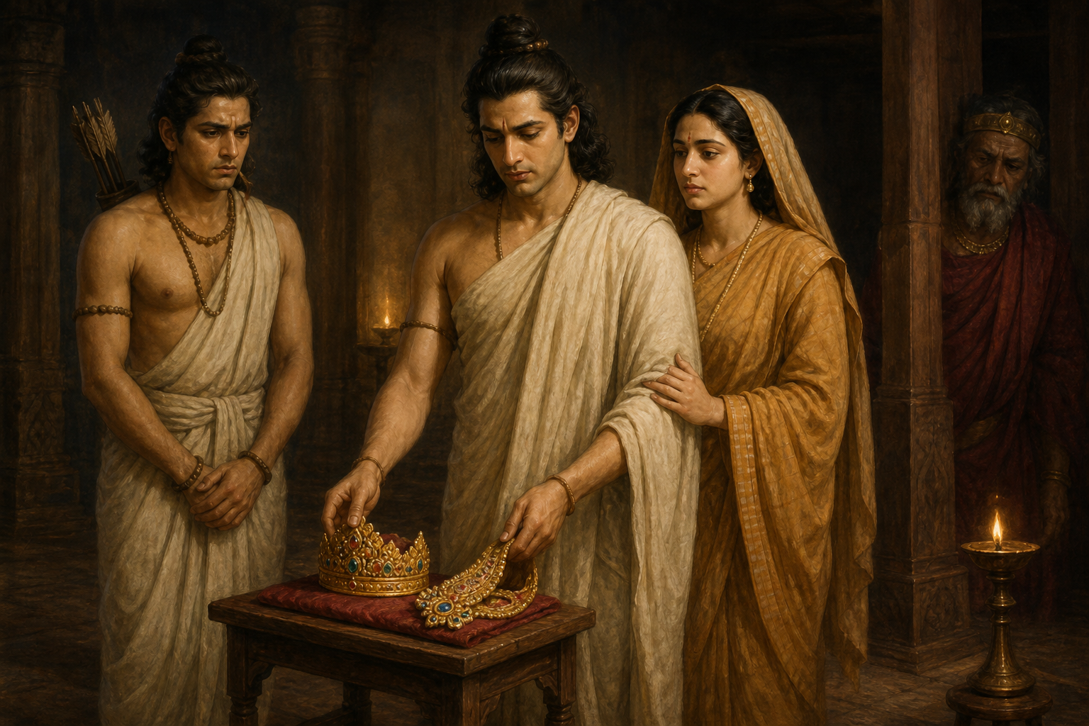 Rama sets royal ornaments on a low stool as Sita and Lakshmana stand beside him in a restrained palace scene.