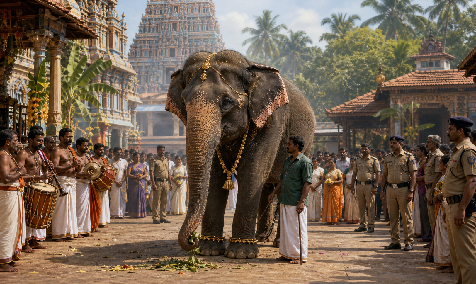 Editorial illustration of a ceremonial female Asian elephant with a mahout, musicians, devotees, and security personnel in a South Indian temple courtyard.
