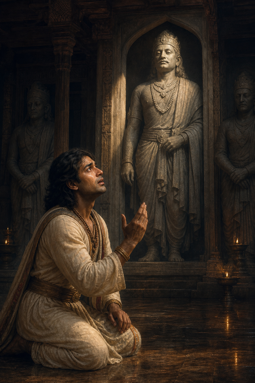 Bharata pauses in grief before a lamp-lit stone statue of King Dasharatha in an ancestral hall.