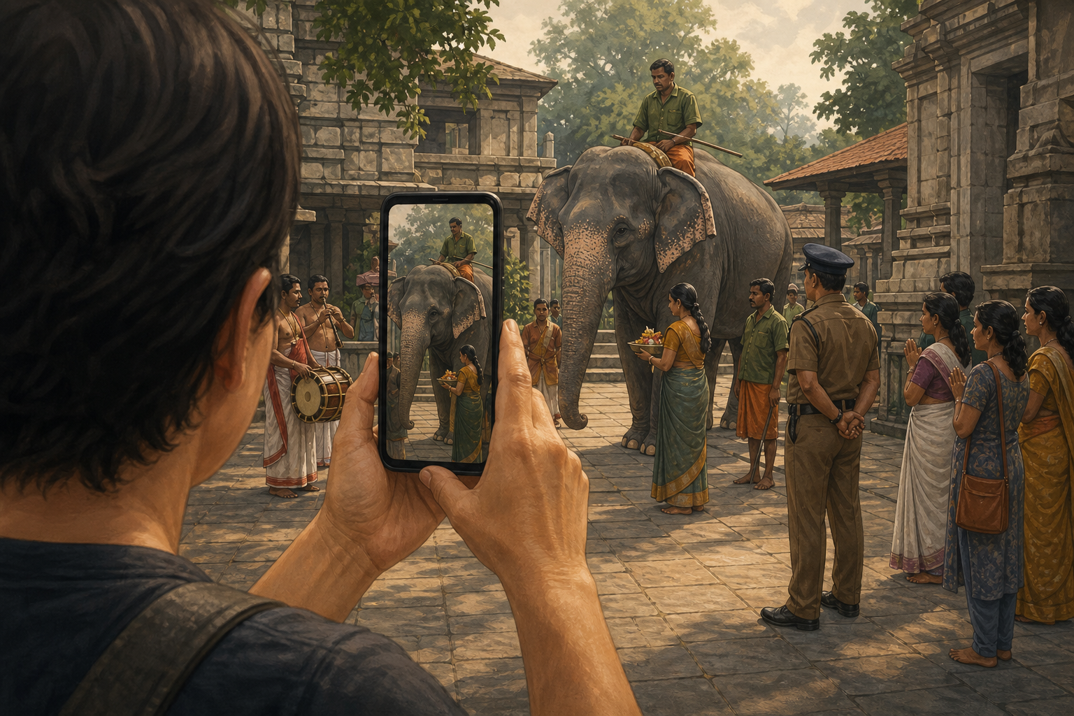 A visitor films a narrow view of a temple elephant scene while the wider courtyard activity remains outside the phone's frame.