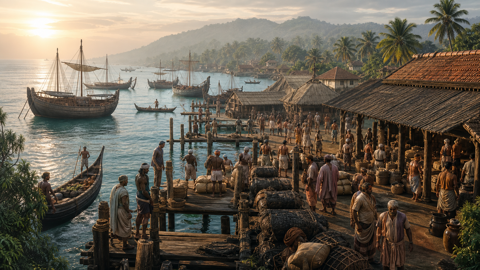 Historical illustration of ninth-century Kollam at sunrise, with timber docks, ocean-going ships, lagoon boats, warehouses, merchants, workers and coconut groves beside the Arabian Sea.