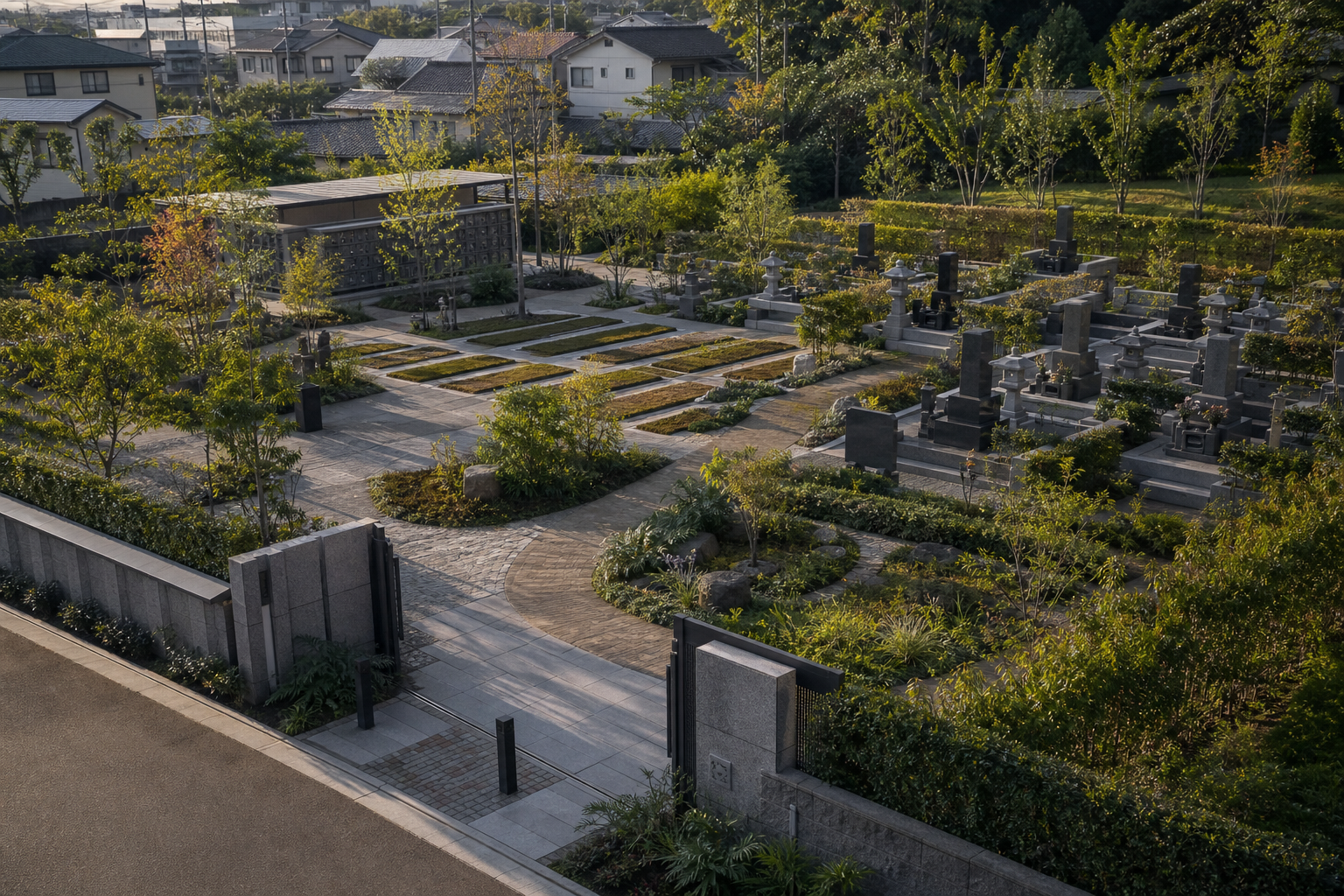 An elevated view of a compact Japanese cemetery combining earth burial plots, stone family graves, a columbarium, shared paths, and landscaped buffers.