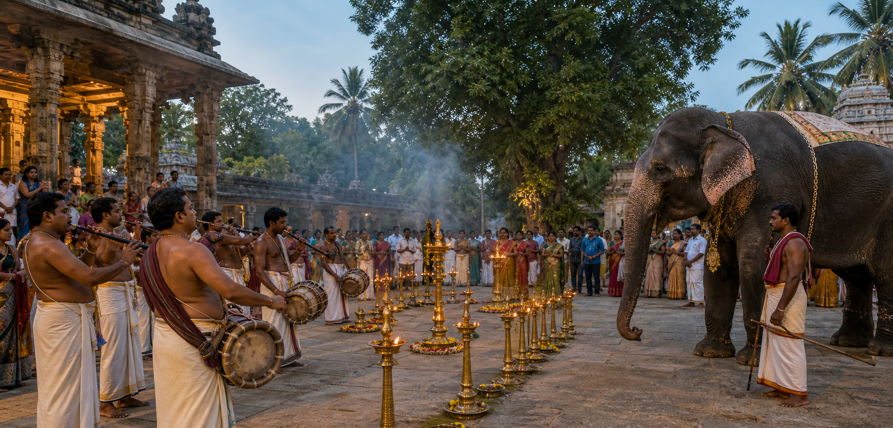 Temple musicians and devotees take part in an evening ritual near a ceremonially adorned Asian elephant and its mahout.