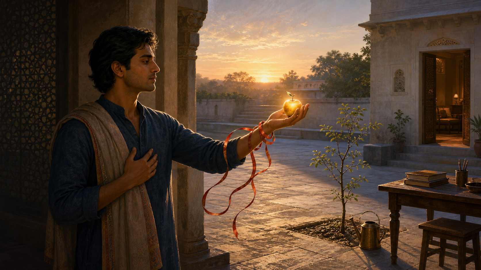 A person pauses in a dawn-lit courtyard while holding a glowing golden fruit with loose red ribbons curling near their wrist.