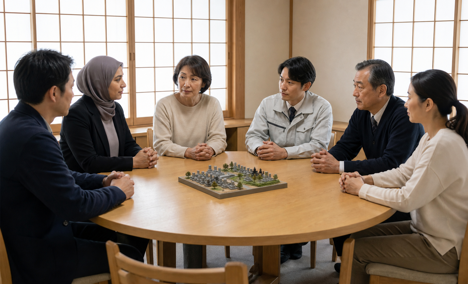 Community representatives and municipal stakeholders discuss an unmarked cemetery site model around a circular table in a Japanese civic room.