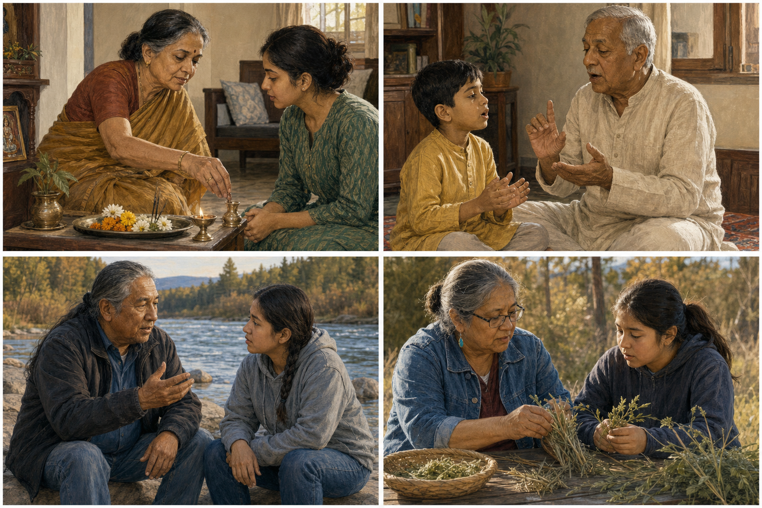 Four illustrated scenes show Indian and Native American elders passing practical and oral knowledge to younger family members in distinct settings.