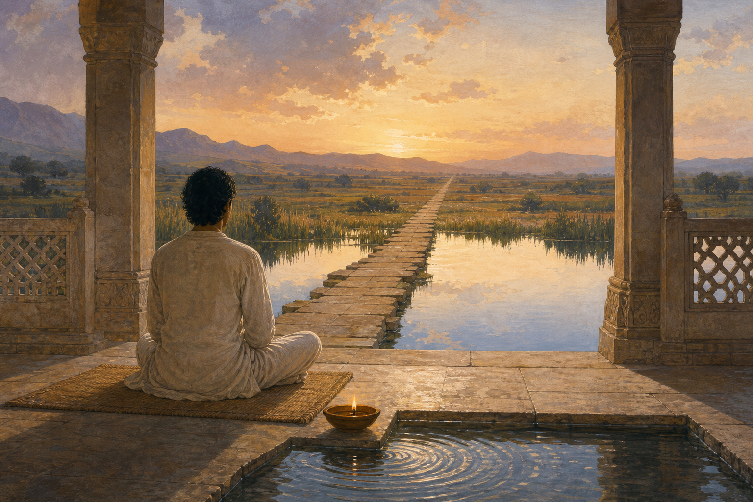 A person meditates on a woven mat at the entrance of a stone pavilion, facing clear water, an open path, and a bright dawn sky.