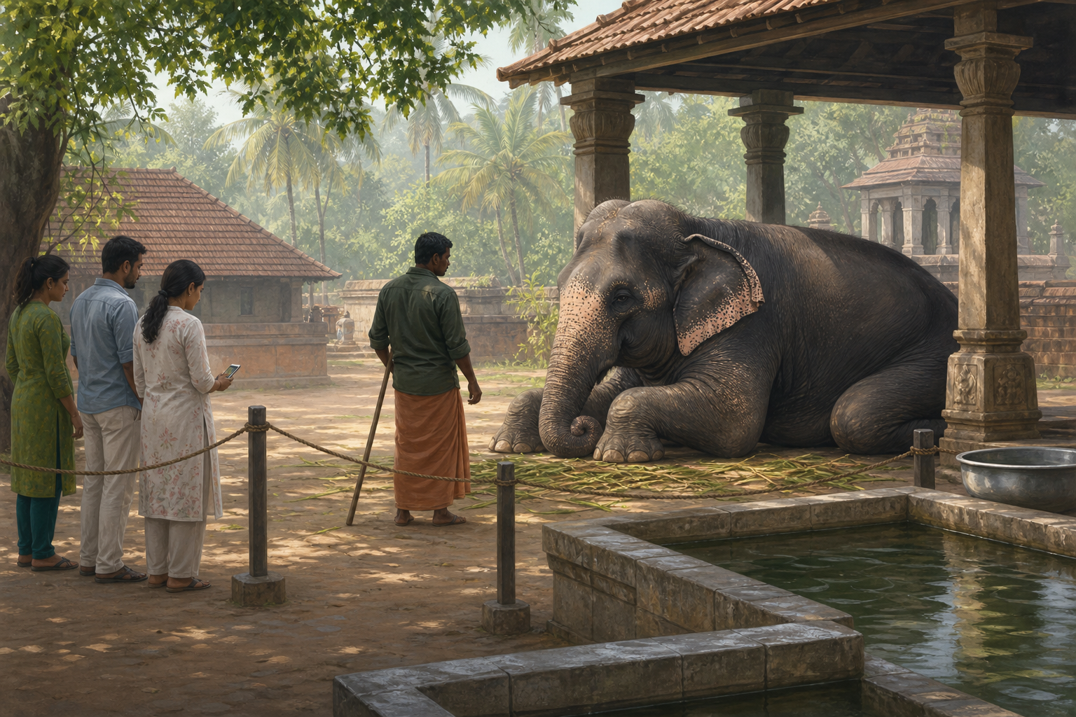A temple elephant rests in shade with water as a handler keeps visitors behind a clear boundary.