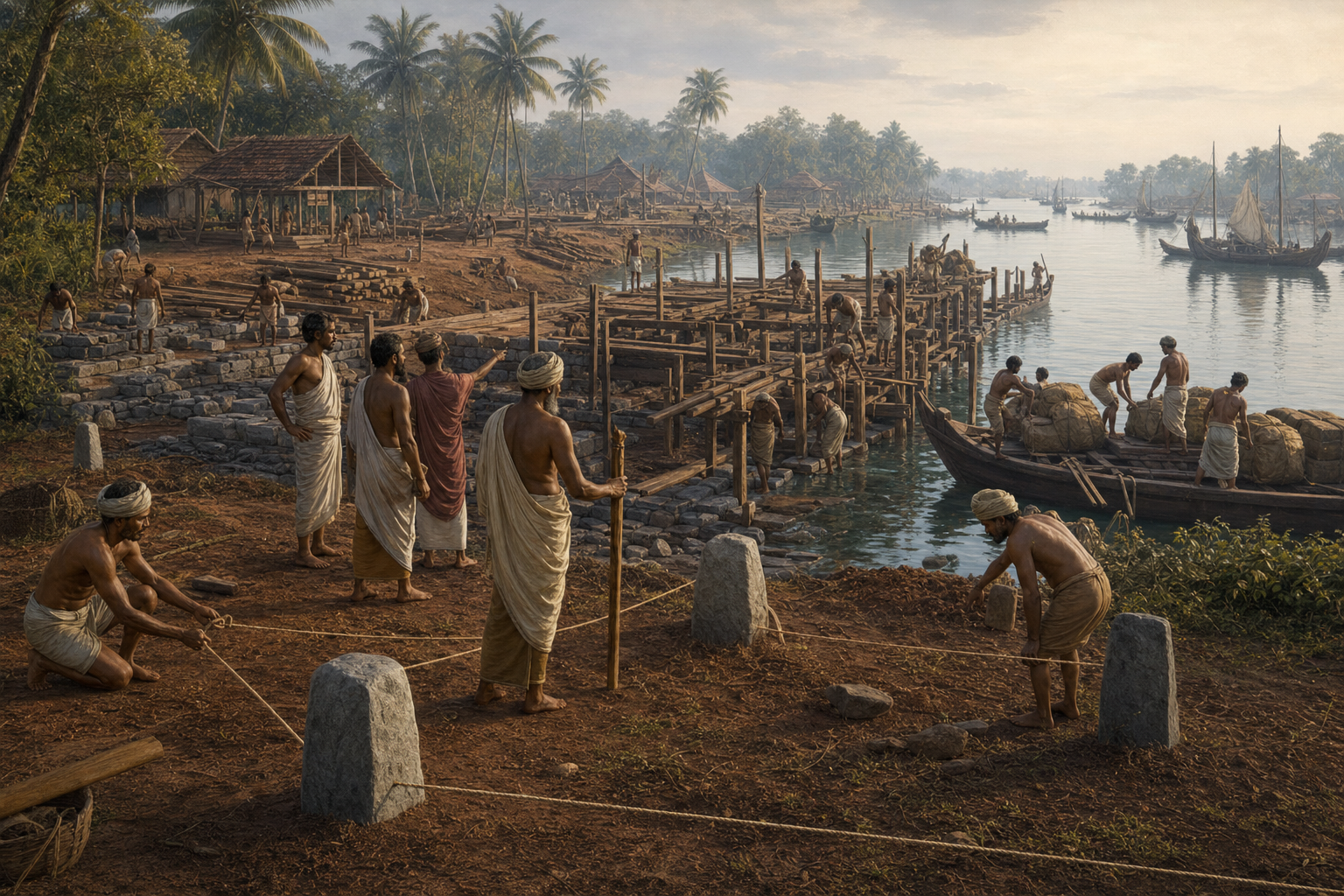 Historical reconstruction of surveyors, builders, administrators and boat crews organizing a new harbor settlement beside Kollam's backwaters.