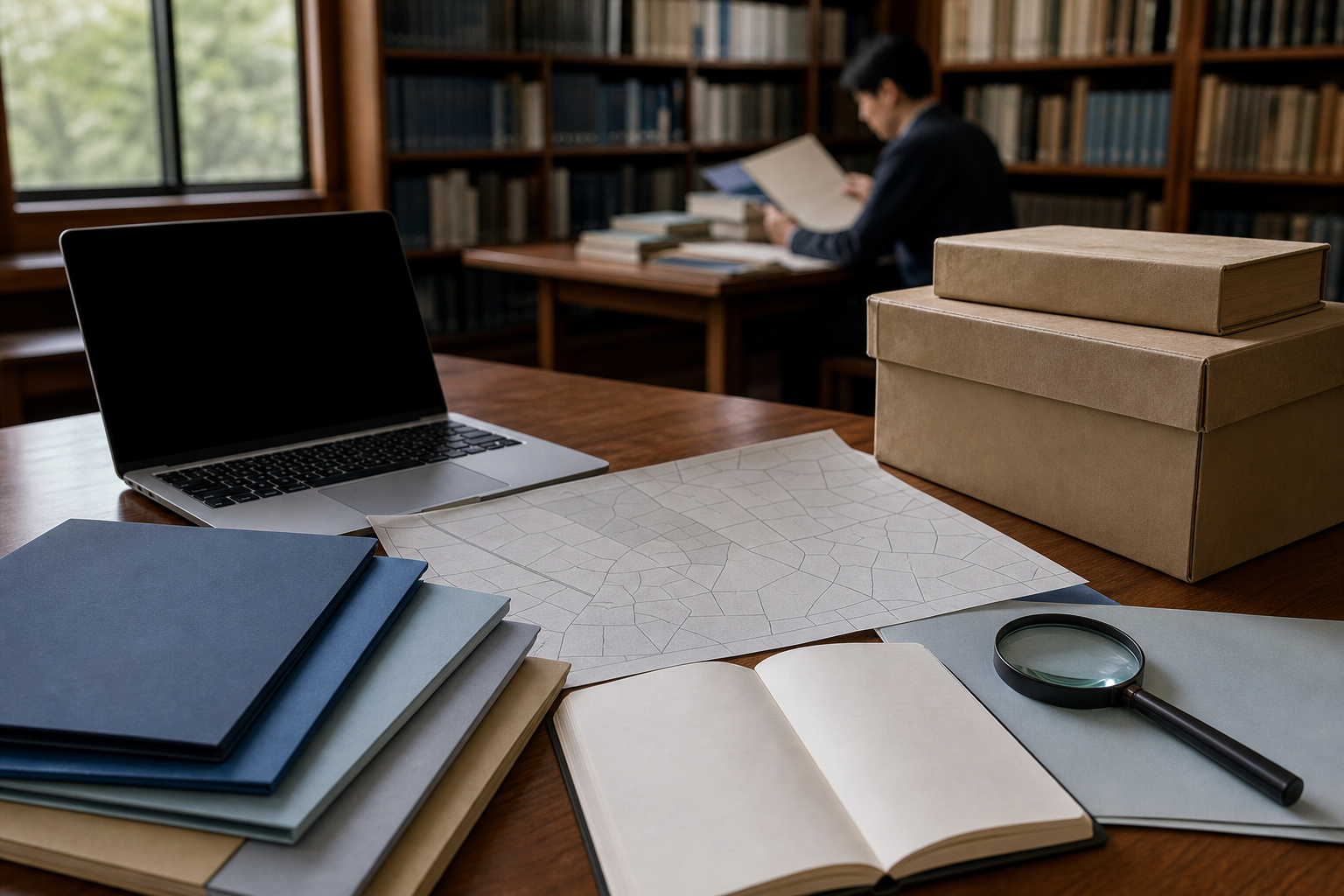 A researcher in a Japanese library examines unlabeled reports, an unmarked parcel map, archival boxes, and a laptop while checking evidence.