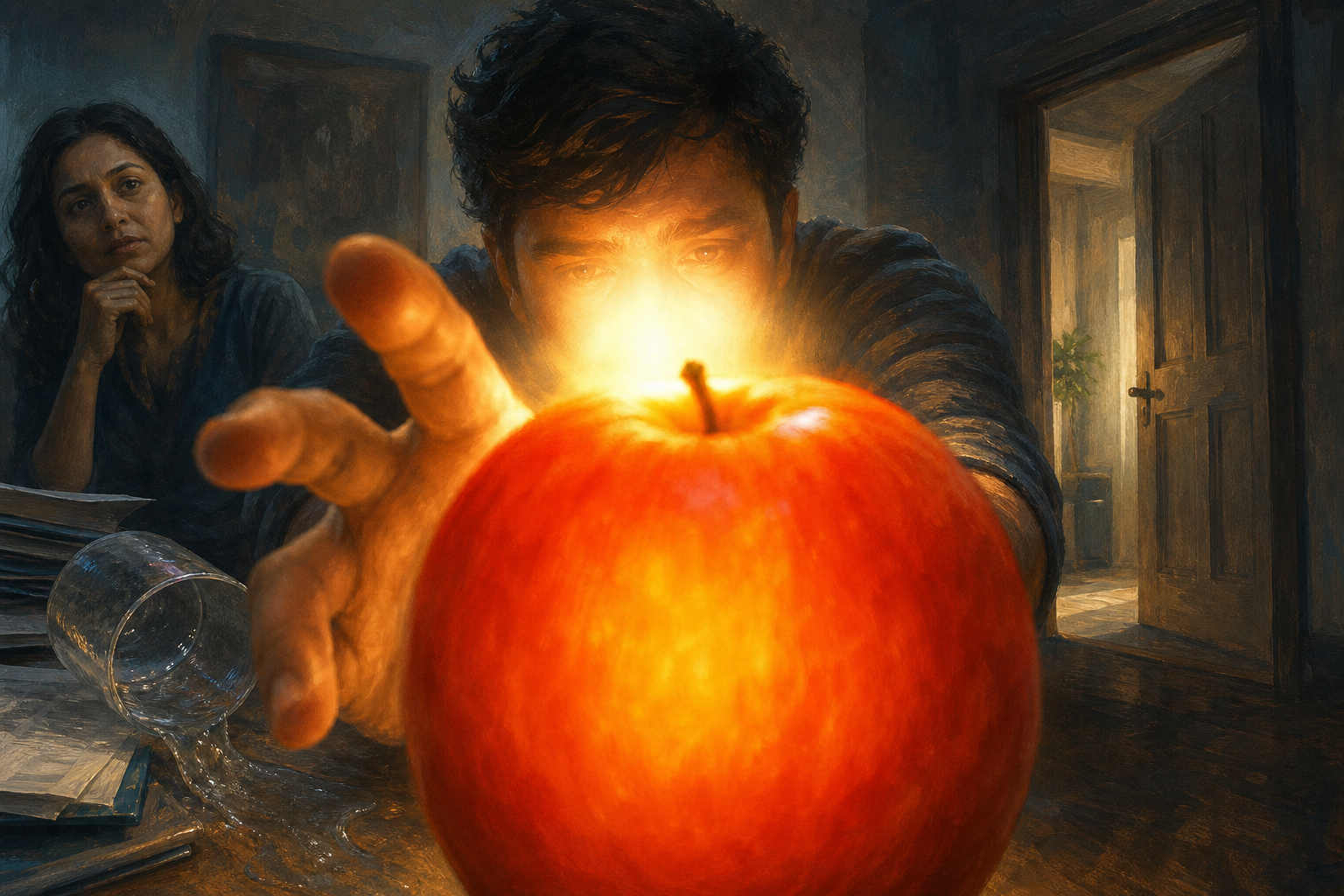 A glowing fruit dominates a person's view while a spilling cup, papers, doorway, and concerned companion remain visible at the edges.
