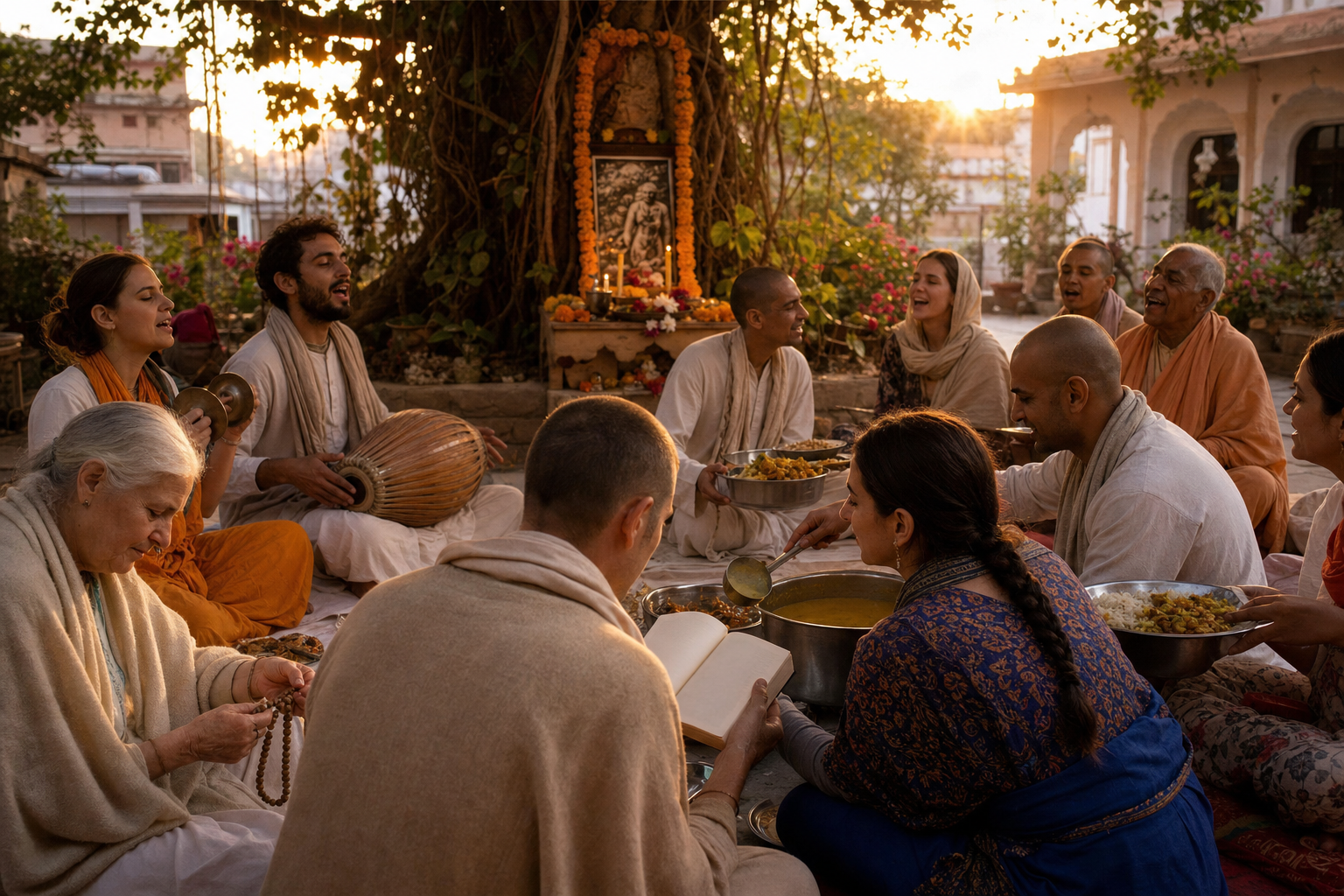 Devotees from different generations and backgrounds chant, read scripture, serve vegetarian food, and worship together in a sunlit temple courtyard.