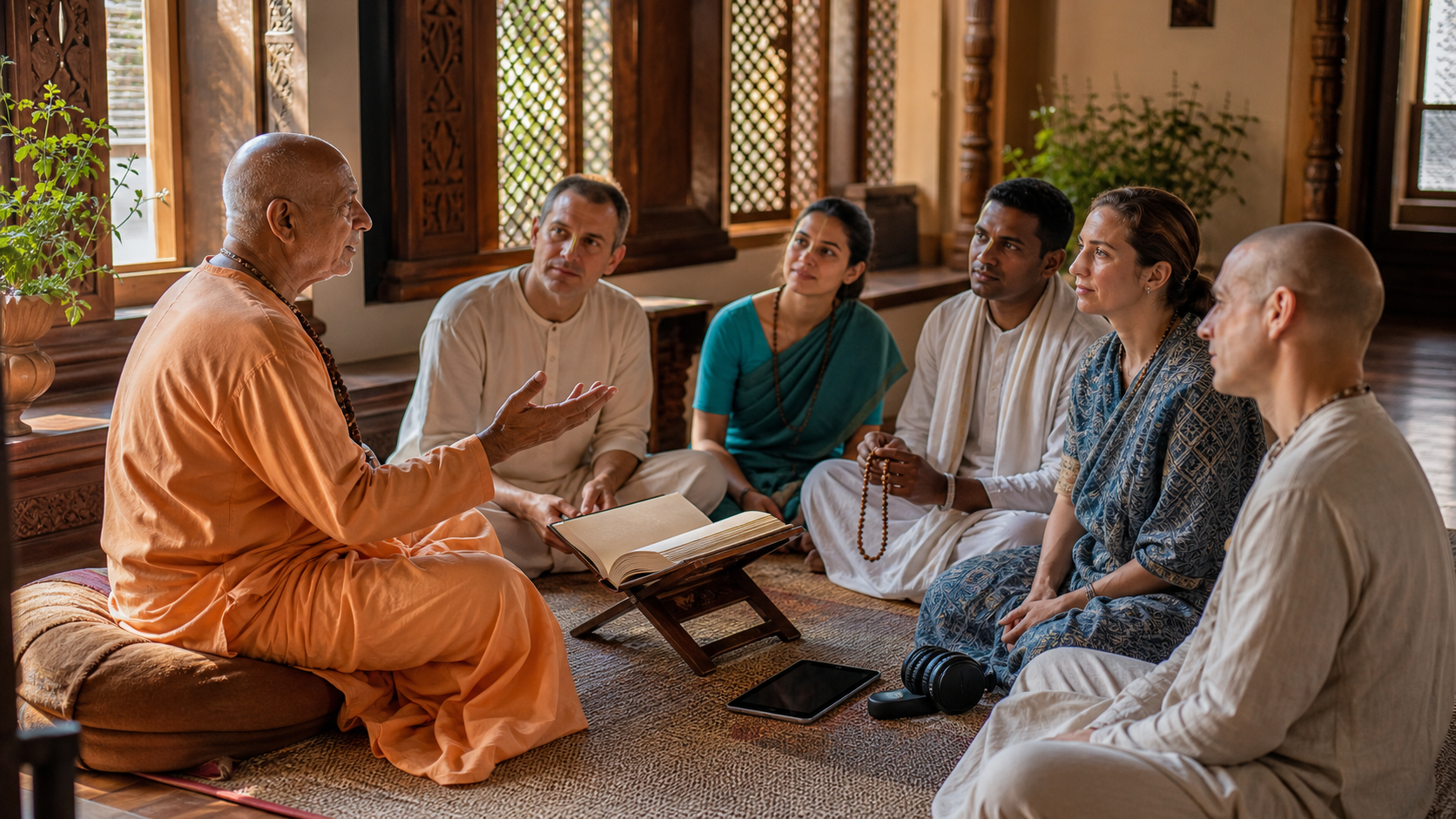 A saffron-robed monk teaches a seated circle of devotees in a sunlit temple study hall, with an open scripture, prayer beads, headphones, and a tablet nearby.