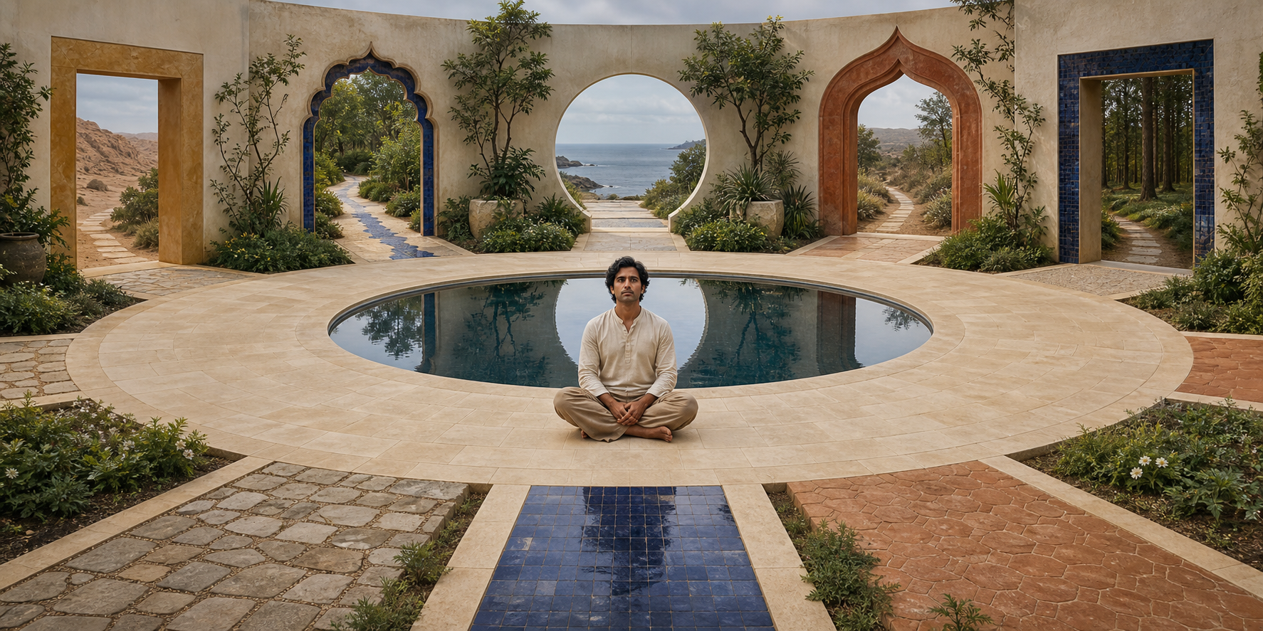 A seated person beside a still reflecting pool is surrounded by several different doorways and garden paths in a circular courtyard.