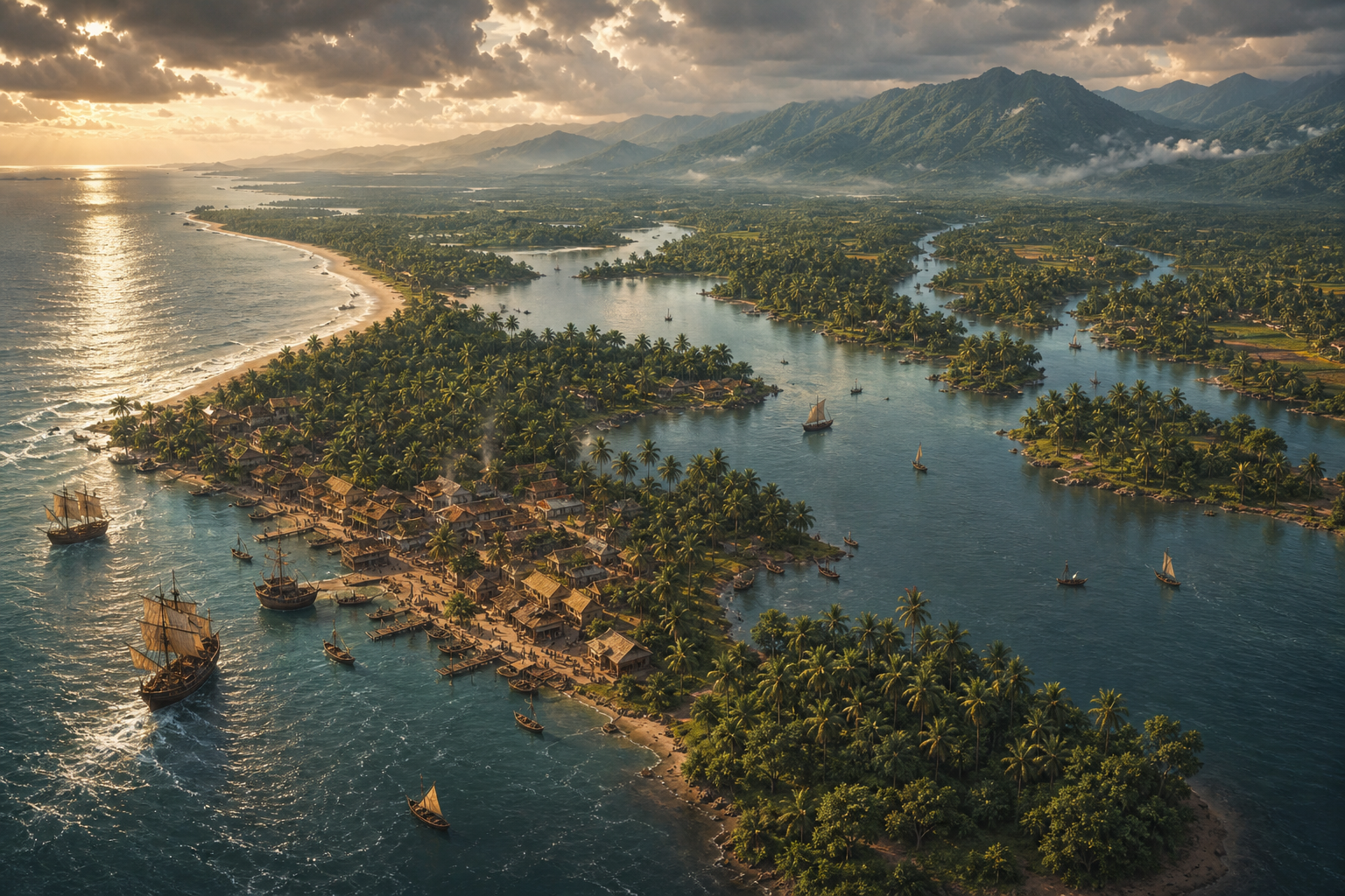 Bird's-eye illustration of a port settlement between the Arabian Sea and branching Kerala backwaters, with inland waterways extending toward forested hills.