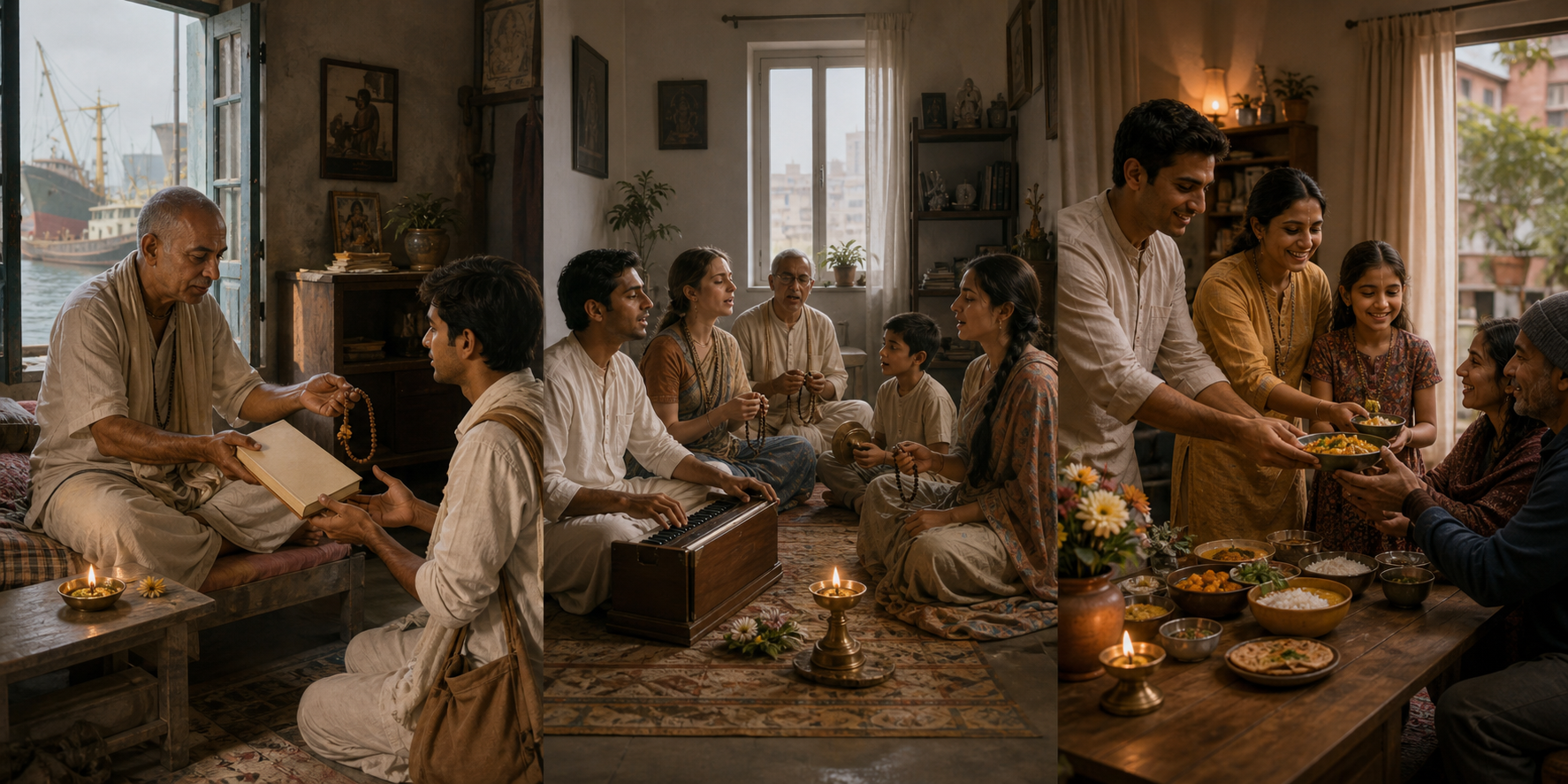Three connected scenes show devotional practices passing from an older teacher to an urban chanting group and then to a family sharing a vegetarian meal.