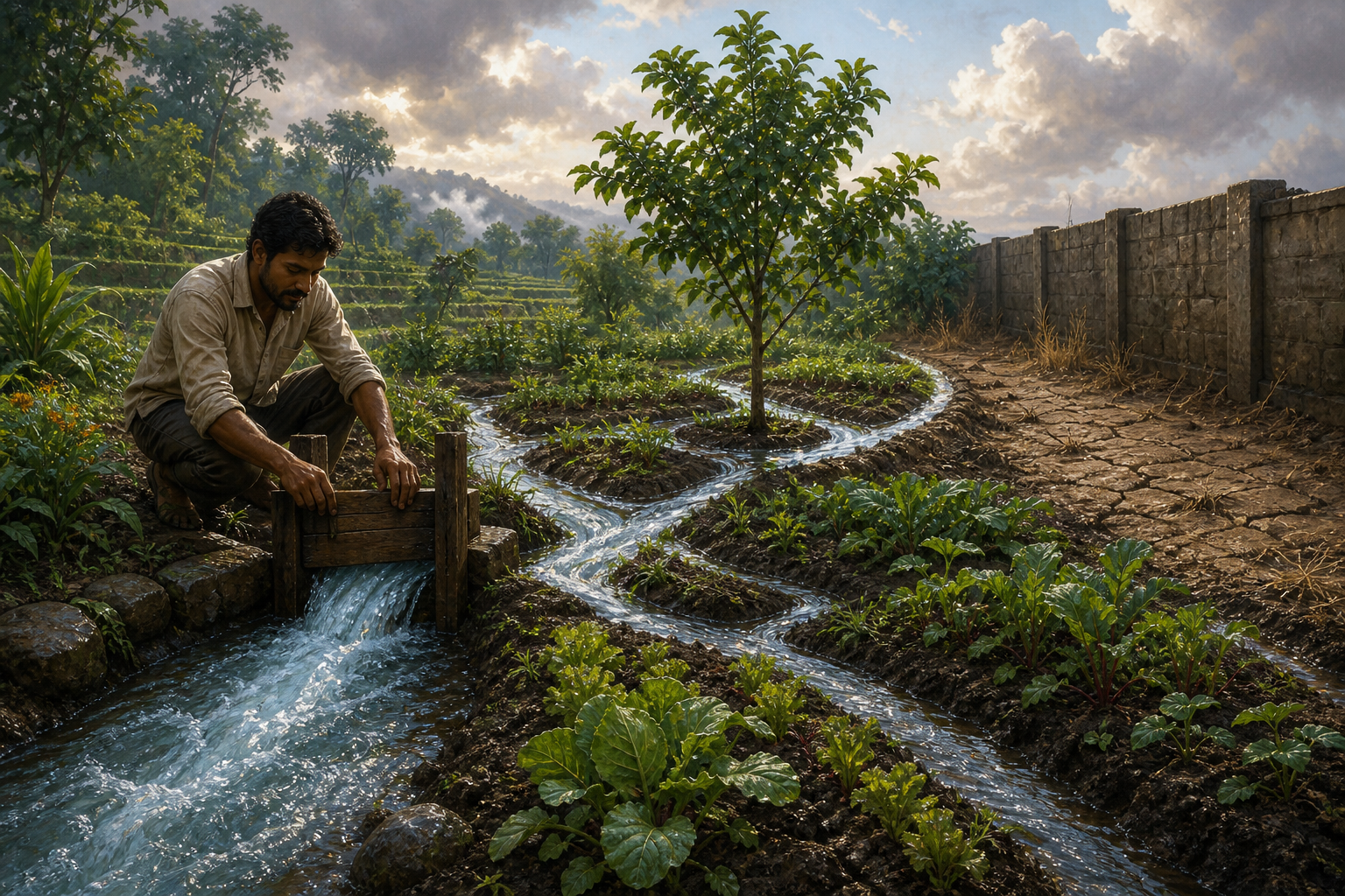 A gardener directs rainwater through small channels to nourish terraced beds and a young tree while enclosed soil nearby remains dry.